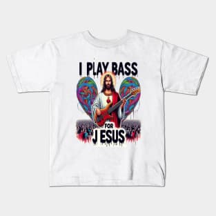 Jesus Depicted as a Bass Guitarist Performing for a Cheering Crowd Kids T-Shirt